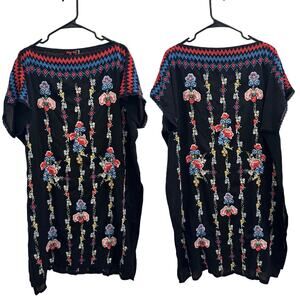 Johnny Was Bennet Tunic Black Multi Floral Embroidery Boho Coastal Resort Wear